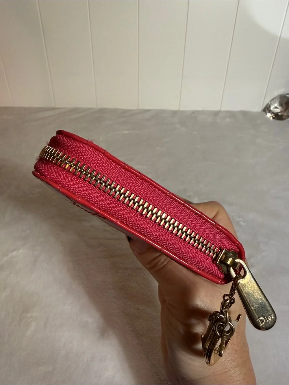 Dior Lady Dior Cannage Patent Leather Zip Around Wallet w/detachable Dior charm